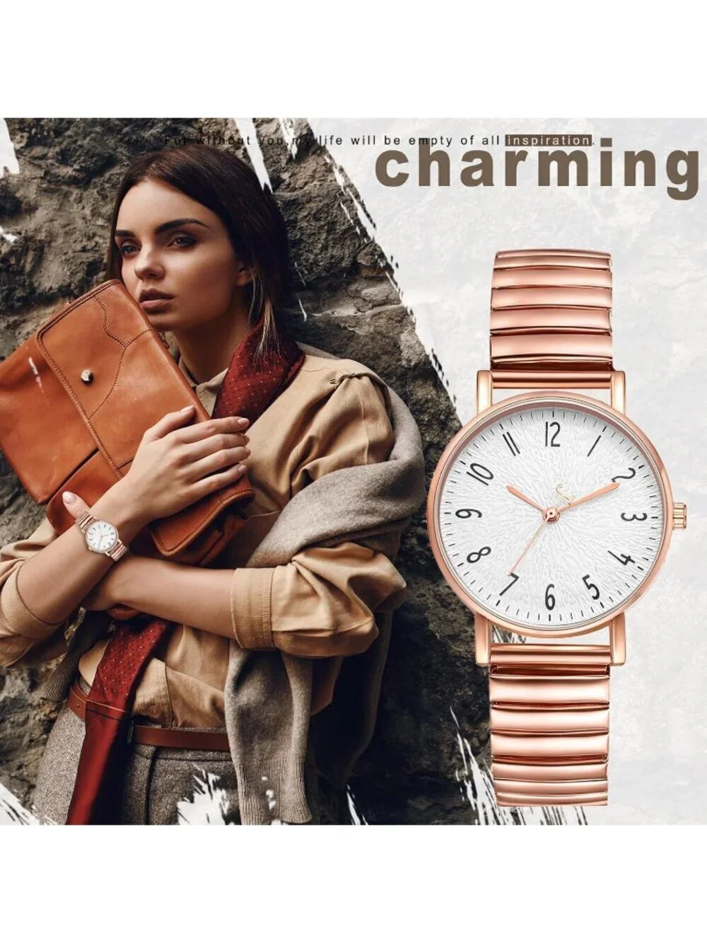 Women's Rose Gold Analog Quartz Big Dial Elastic Stretch Band Casual Wrist Watch